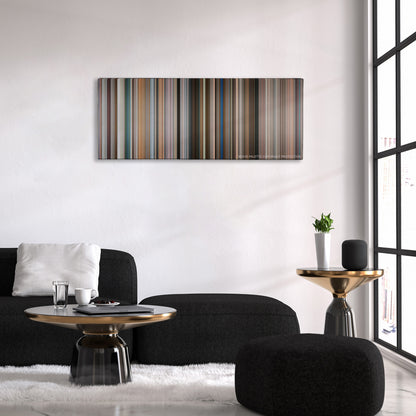 Fun with Dick and Jane color palette canvas above a black sofa with a gold-topped table