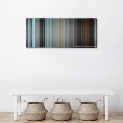 Shaun of the Dead color palette canvas above a white bench with three woven baskets