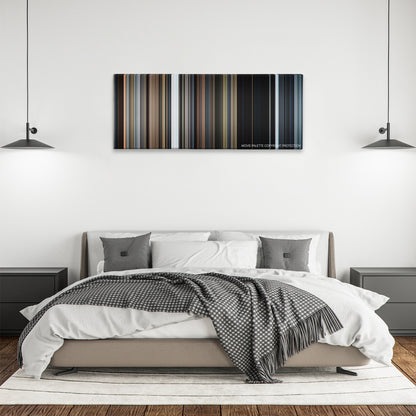 The 5th Wave color palette canvas above a bed, between two black pendant lamps