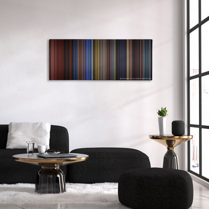 Final Destination 3 color palette canvas above a black sofa with a gold-topped table