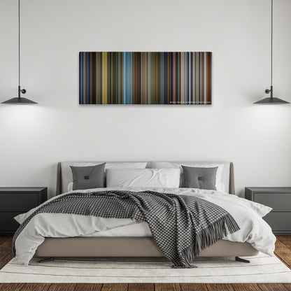 X-Men: Days of Future Past color palette canvas above a bed, between two black pendant lamps