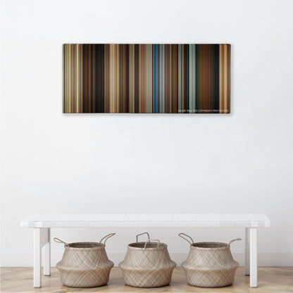 The Hunt color palette canvas above a white bench with three woven baskets