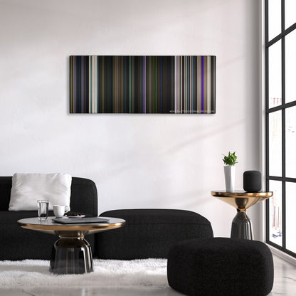 Guardians of the Galaxy color palette canvas above a black sofa with a gold-topped table