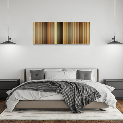 The Darjeeling Limited color palette canvas above a bed, between two black pendant lamps