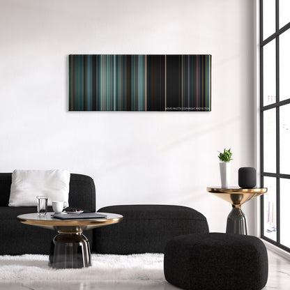 The Autopsy of Jane Doe color palette canvas above a black sofa with a gold-topped table