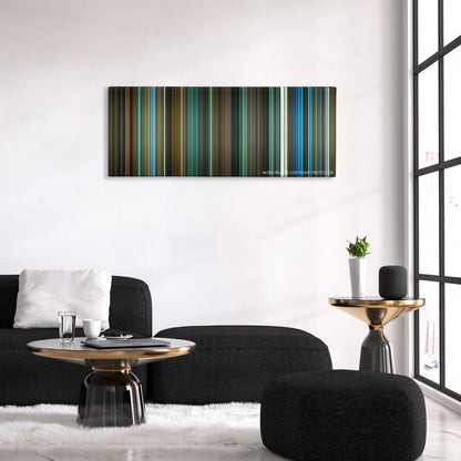 Attack the Block color palette canvas above a black sofa with a gold-topped table