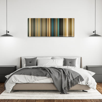 Faster color palette canvas above a bed, between two black pendant lamps