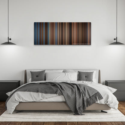 Gladiator color palette canvas above a bed, between two black pendant lamps