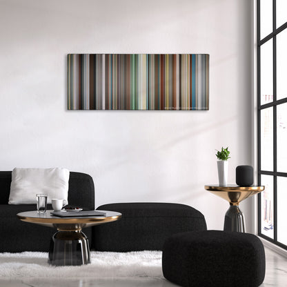 The Other Woman color palette canvas above a black sofa with a gold-topped table