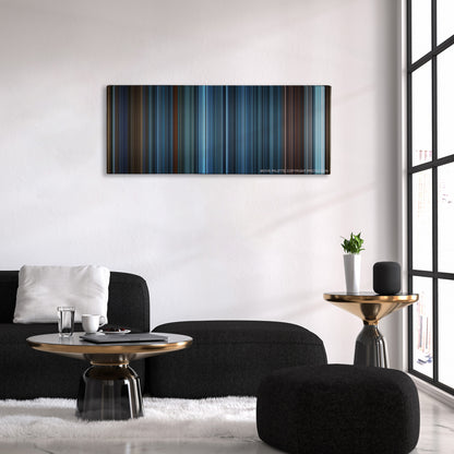 TRON: Legacy color palette canvas above a black sofa with a gold-topped table