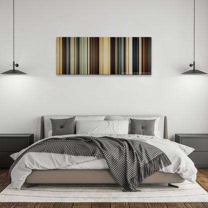 Troy color palette canvas above a bed, between two black pendant lamps