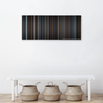 The Prestige color palette canvas above a white bench with three woven baskets