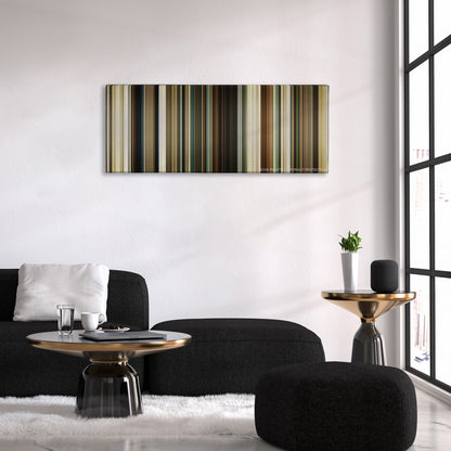 No Country for Old Men color palette canvas above a black sofa with a gold-topped table