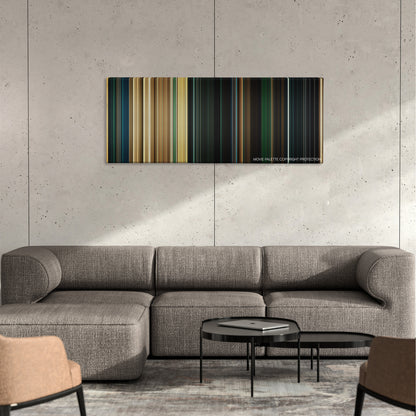 Legion color palette canvas on a concrete wall above a gray sectional sofa