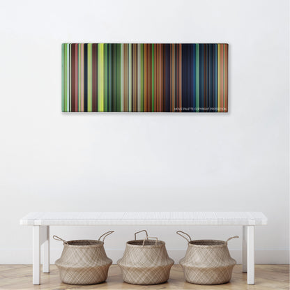 Epic color palette canvas above a white bench with three woven baskets
