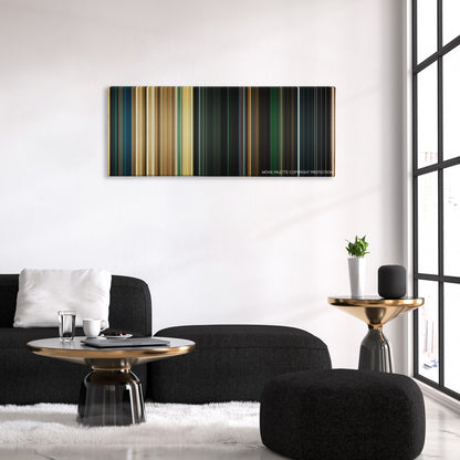 Legion color palette canvas above a black sofa with a gold-topped table