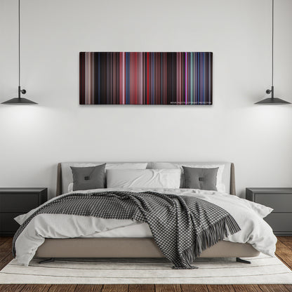The Rocky Horror Picture Show color palette canvas above a bed, between two black pendant lamps