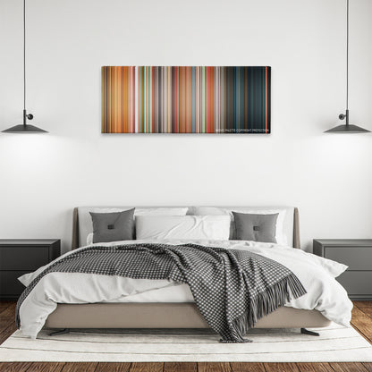 Friday color palette canvas above a bed, between two black pendant lamps