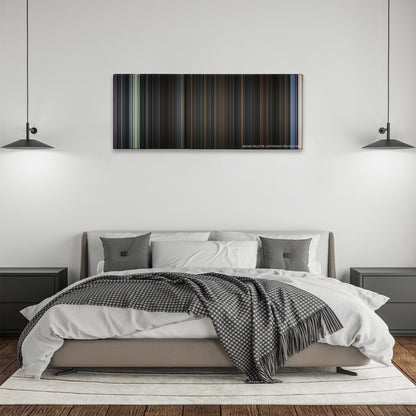 Evil Dead II color palette canvas above a bed, between two black pendant lamps