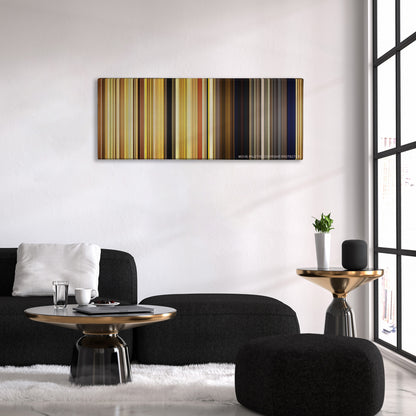 Moonrise Kingdom color palette canvas above a black sofa with a gold-topped table
