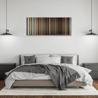 Lucky Number Slevin color palette canvas above a bed, between two black pendant lamps