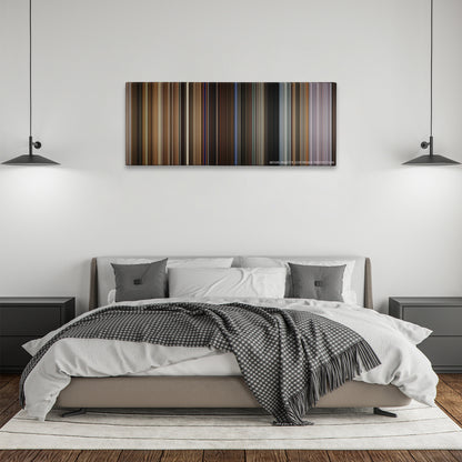 Bohemian Rhapsody color palette canvas above a bed, between two black pendant lamps