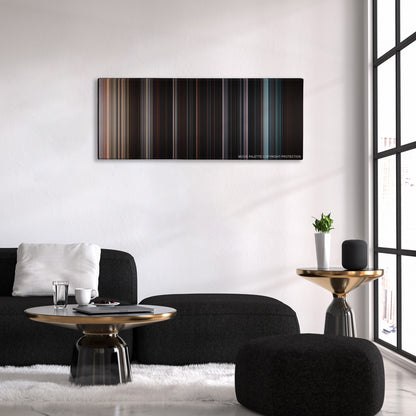 The Cabin in the Woods color palette canvas above a black sofa with a gold-topped table