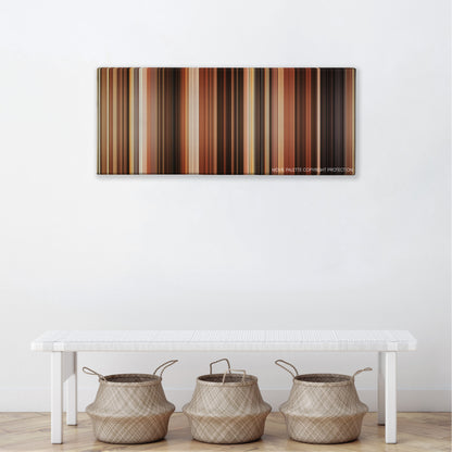 The Ladykillers color palette canvas above a white bench with three woven baskets