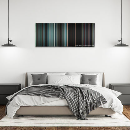 The Autopsy of Jane Doe color palette canvas above a bed, between two black pendant lamps