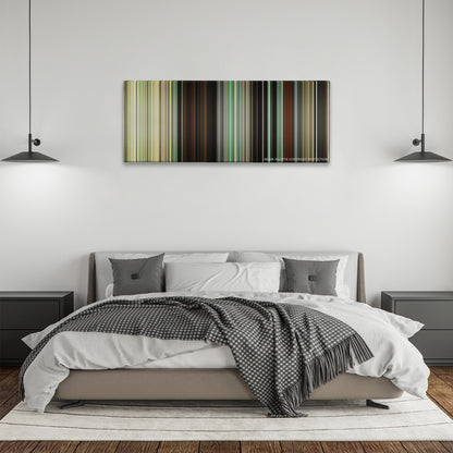 Atonement color palette canvas above a bed, between two black pendant lamps