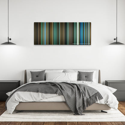 Attack the Block color palette canvas above a bed, between two black pendant lamps