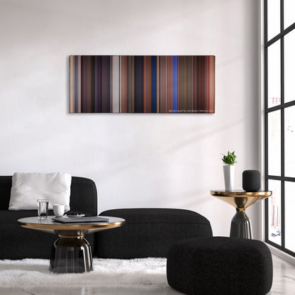 Chasing Amy color palette canvas above a black sofa with a gold-topped table