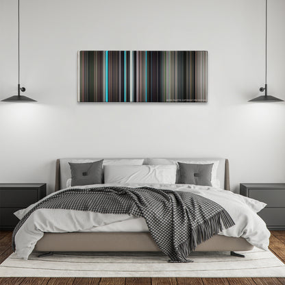 The Graduate color palette canvas above a bed, between two black pendant lamps