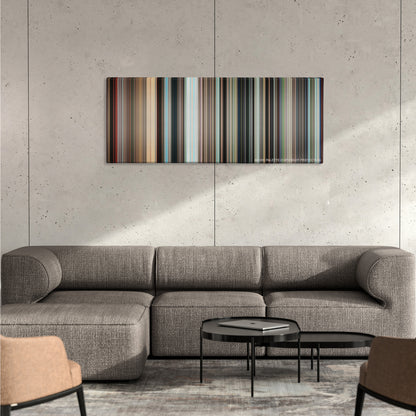 Grave of the Fireflies color palette canvas on a concrete wall above a gray sectional sofa