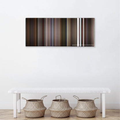 Little Nicky color palette canvas above a white bench with three woven baskets