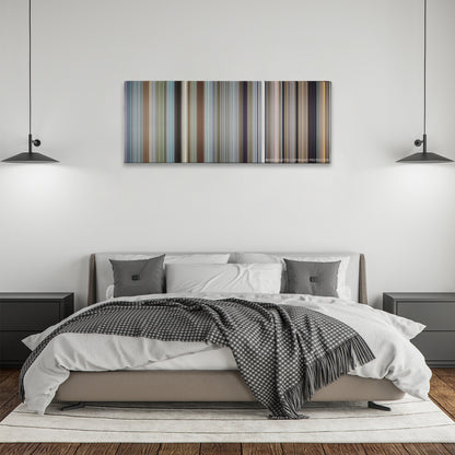 Office Space color palette canvas above a bed, between two black pendant lamps