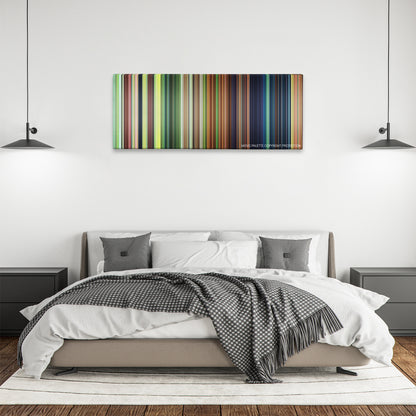 Epic color palette canvas above a bed, between two black pendant lamps