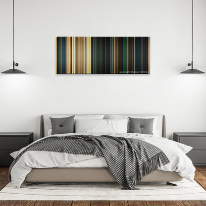 Legion color palette canvas above a bed, between two black pendant lamps