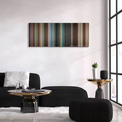 Pixels color palette canvas above a black sofa with a gold-topped table