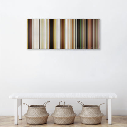 Isle of Dogs color palette canvas above a white bench with three woven baskets