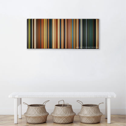 Paddington color palette canvas above a white bench with three woven baskets
