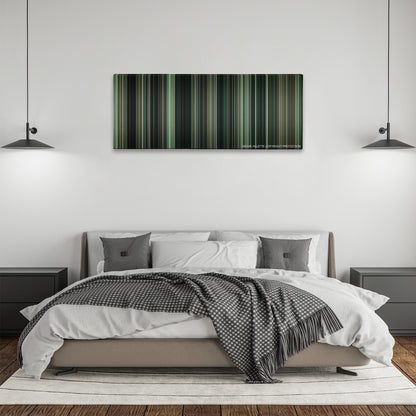 Source Code color palette canvas above a bed, between two black pendant lamps