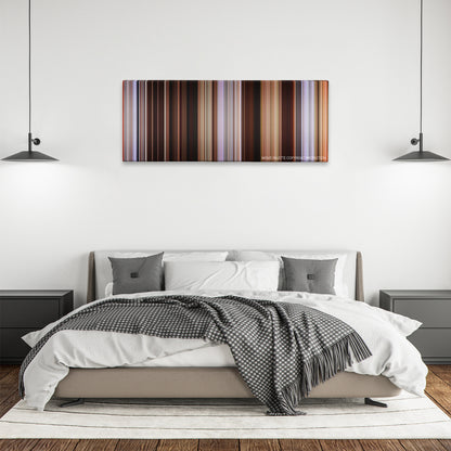Just Like Heaven color palette canvas above a bed, between two black pendant lamps