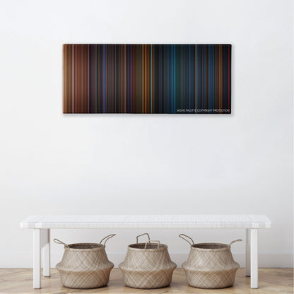 Poseidon color palette canvas above a white bench with three woven baskets