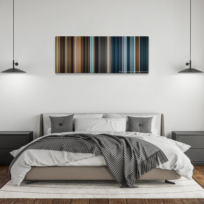 The Golden Compass color palette canvas above a bed, between two black pendant lamps