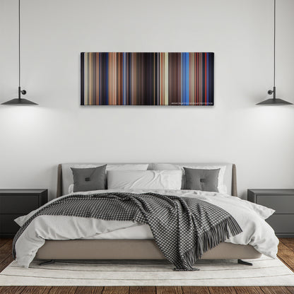 Poltergeist color palette canvas above a bed, between two black pendant lamps