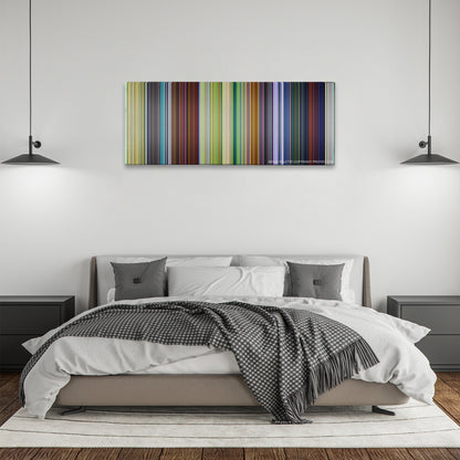 A Bug's Life color palette canvas above a bed, between two black pendant lamps