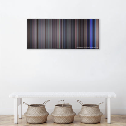 School of Rock color palette canvas above a white bench with three woven baskets