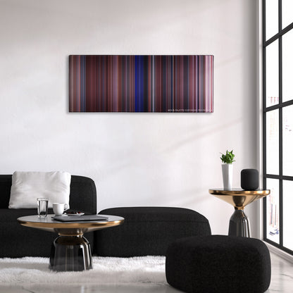 Vanilla Sky color palette canvas above a black sofa with a gold-topped table