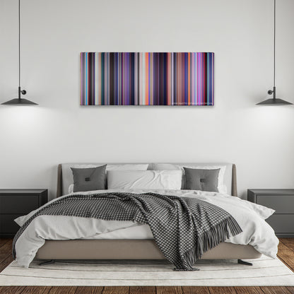 Spider-Man: Into the Spider-Verse color palette canvas above a bed, between two black pendant lamps